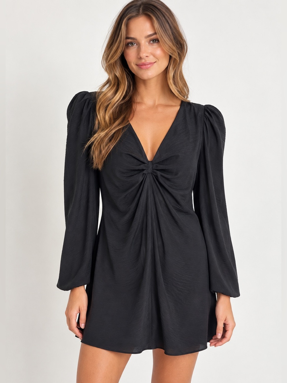 Aritzia Wilfred Novella Satin Puff Sleeve Mini Dress in Black - Size 8